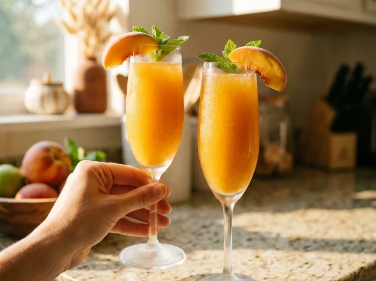 A casual hand holding a frosty champagne flute filled with a vibrant orange Peach Bellini Mocktail, elegantly garnished with a fresh peach slice and mint, next to a second glass on a sunlit kitchen counter.