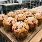A wire cooling rack filled with a dozen steaming, freshly baked bakery-style muffins bursting with red raspberries and white chocolate chips in a cozy, bright home kitchen.