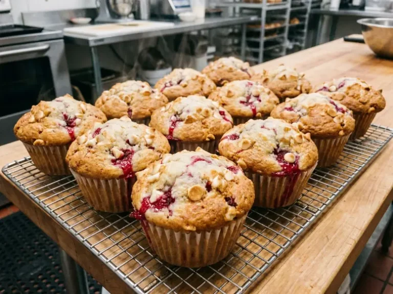 A wire cooling rack filled with a dozen steaming, freshly baked bakery-style muffins bursting with red raspberries and white chocolate chips in a cozy, bright home kitchen.