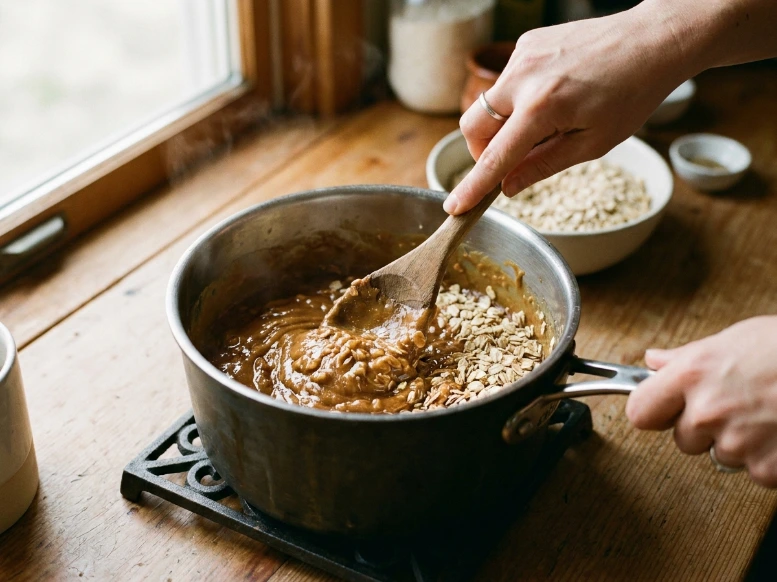 Two hands stirring old-fashioned rolled oats into a warm, glossy peanut butter and sugar syrup inside a saucepan using a wooden spoon.