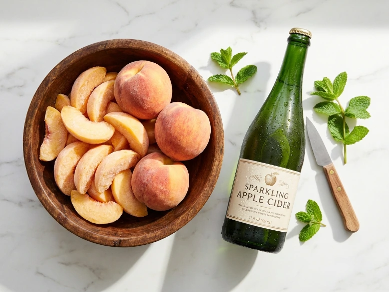 A bright overhead flat lay photograph showing the ingredients for an easy peach mocktail, including a rustic wooden bowl overflowing with frosty peach slices, a chilled green bottle of sparkling apple cider, and fresh mint on a white marble surface.
