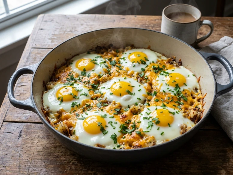 A steaming cast iron Dutch oven breakfast filled with a hearty potato hash, sausage, melted cheddar cheese, and eight perfectly baked eggs garnished with fresh herbs, sitting on a rustic wooden table next to a hot cup of coffee.