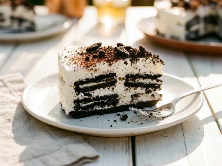 A close-up shot of a single slice of creamy, layered Oreo icebox cake served on a simple white plate, featuring distinct layers of chocolate cookies and whipped cream, topped with crushed cookie crumbs and cocoa powder.