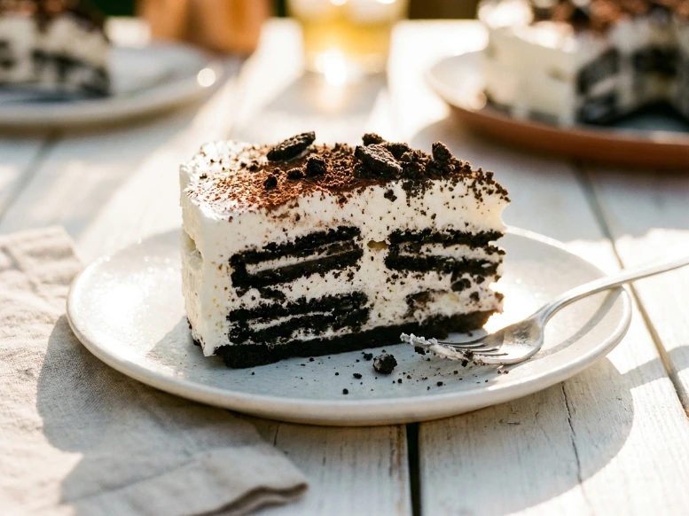 A close-up shot of a single slice of creamy, layered Oreo icebox cake served on a simple white plate, featuring distinct layers of chocolate cookies and whipped cream, topped with crushed cookie crumbs and cocoa powder.