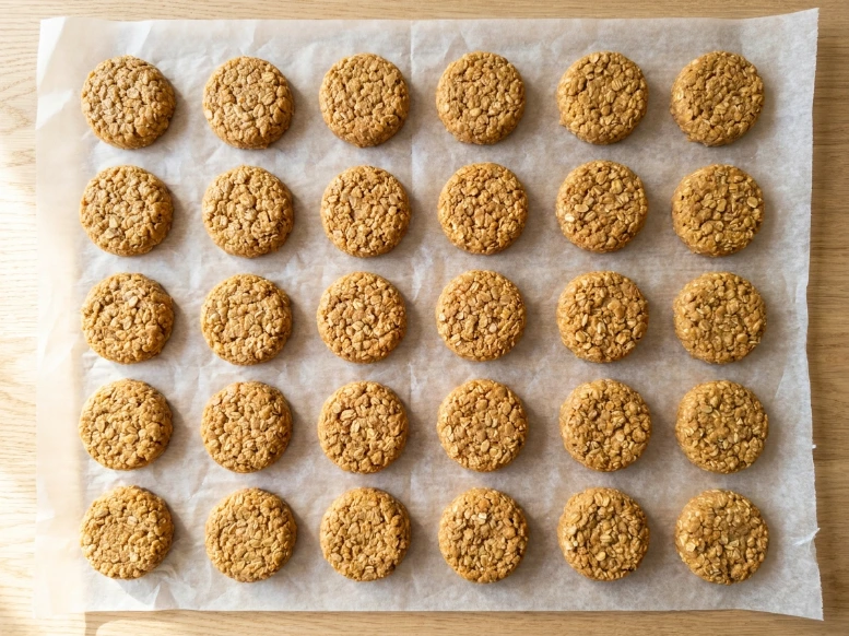 A top-down view of 24 freshly made no-bake peanut butter oatmeal cookies resting in neat rows on a parchment-lined baking sheet.