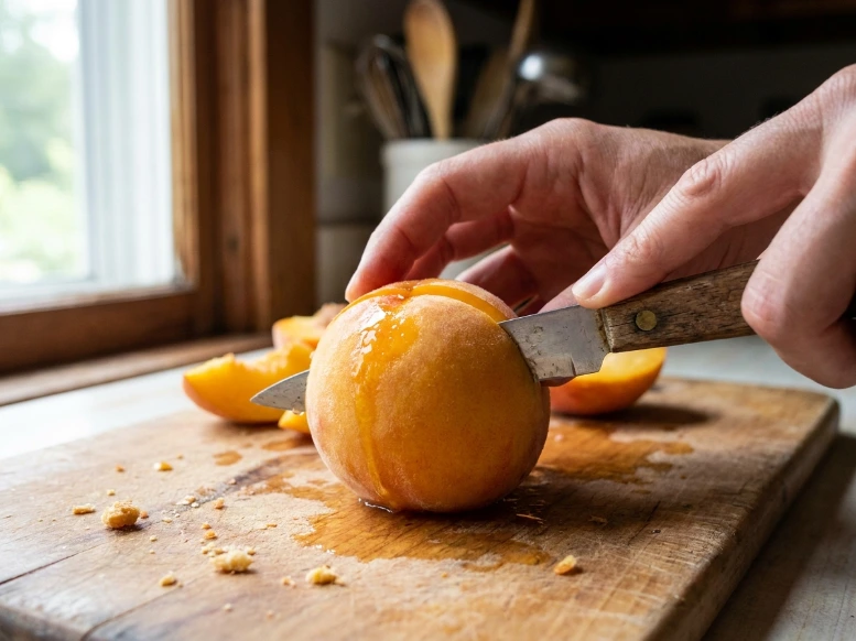 A candid, sunlit kitchen shot of a natural hand using a vintage knife to slice a fresh, juicy peach on a scratched wooden cutting board to make the sweet puree base for a mocktail.