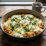 A close-up view of a delicious cast iron Dutch oven breakfast featuring a savory hash of potatoes and bacon, topped with gooey melted cheese, runny sunny-side-up eggs, and fresh chopped chives.