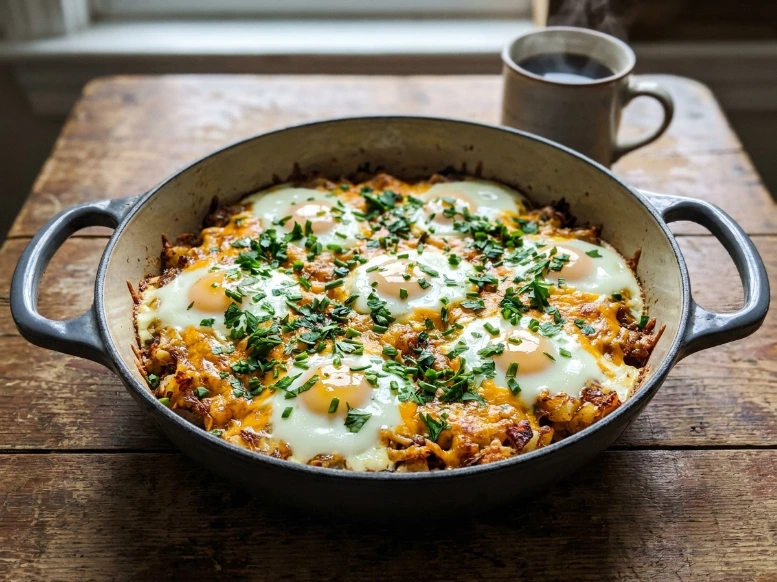 A close-up view of a delicious cast iron Dutch oven breakfast featuring a savory hash of potatoes and bacon, topped with gooey melted cheese, runny sunny-side-up eggs, and fresh chopped chives.