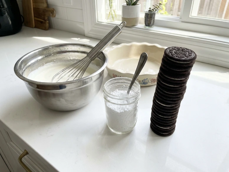 An overhead view on a bright kitchen counter showing the essential ingredients for an Oreo icebox cake: a metal mixing bowl filled with homemade whipped cream, a jar of powdered sugar, and a tall, neat stack of Oreo cookies ready to be layered.