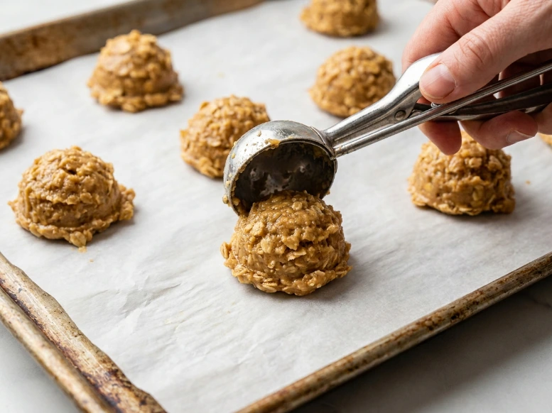 A hand using a metal cookie scoop to portion warm, chunky peanut butter no-bake cookie dough onto a parchment-lined baking pan.