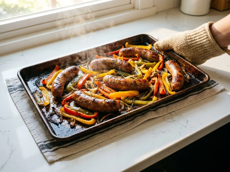 A bright, photorealistic shot of a rustic, dark baking sheet filled with sizzling, caramelized Italian sausages and vibrant roasted bell peppers and onions, held by a hand in a tan oven mitt on a sunny white kitchen counter.