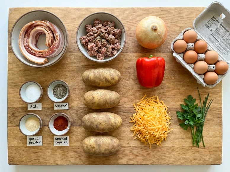 A neatly organized flat-lay of ingredients for a cast iron Dutch oven breakfast, including raw thick-cut bacon, ground breakfast sausage, a yellow onion, a red bell pepper, Russet potatoes, a carton of eggs, shredded cheddar cheese, fresh herbs, and small bowls of seasonings on a wooden cutting board.