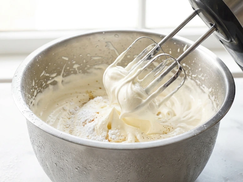 A close-up view of a metal mixing bowl being used to whip heavy cream for an Oreo icebox cake, showing the electric mixer creating fluffy, stiff peaks of whipped cream with powdered sugar.