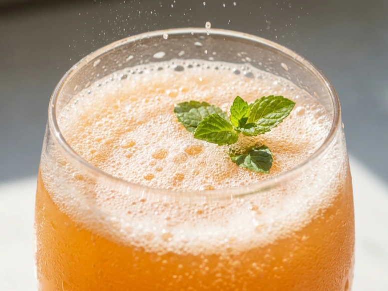 A breathtaking macro close-up of a frosty glass showing the lively, frothy carbonation bubbles actively popping on the surface of a vibrant orange Peach Bellini Mocktail, topped with a tiny sprig of green mint.
