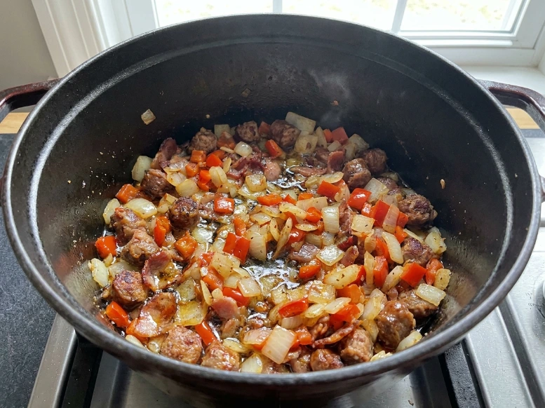 Browning chopped bacon, ground sausage, diced yellow onions, and red bell peppers inside a dark, heavy pot as the flavorful first step to making a cast iron Dutch oven breakfast.