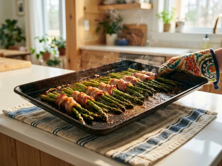 A hand wearing a colorful, patterned oven mitt holding a dark baking sheet filled with hot, steaming bacon wrapped asparagus straight out of the oven in a bright, inviting kitchen.