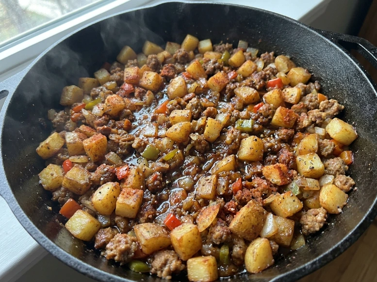 Diced potatoes cooking in a savory meat and vegetable hash, generously seasoned with spices and frying in pan drippings to create the crispy base for a cast iron Dutch oven breakfast.