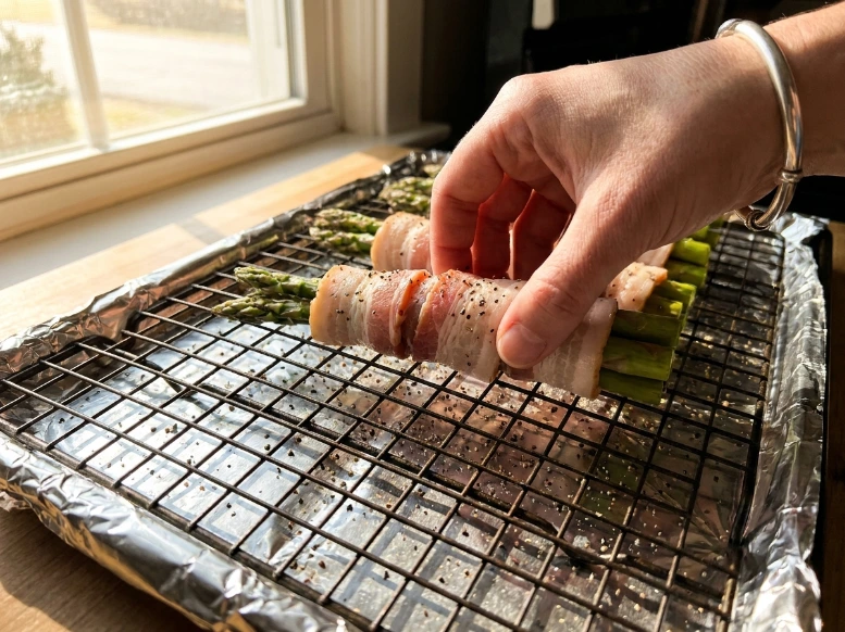 A candid shot of a hand gently placing a raw bacon wrapped asparagus bundle onto a wire baking rack over a foil-lined pan to ensure the bacon gets perfectly crispy as it bakes.