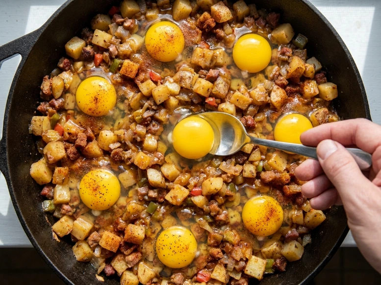 A hand using a silver spoon to carefully place bright yellow raw eggs into small wells made inside a perfectly cooked golden potato and sausage hash, preparing to bake the cast iron Dutch oven breakfast.