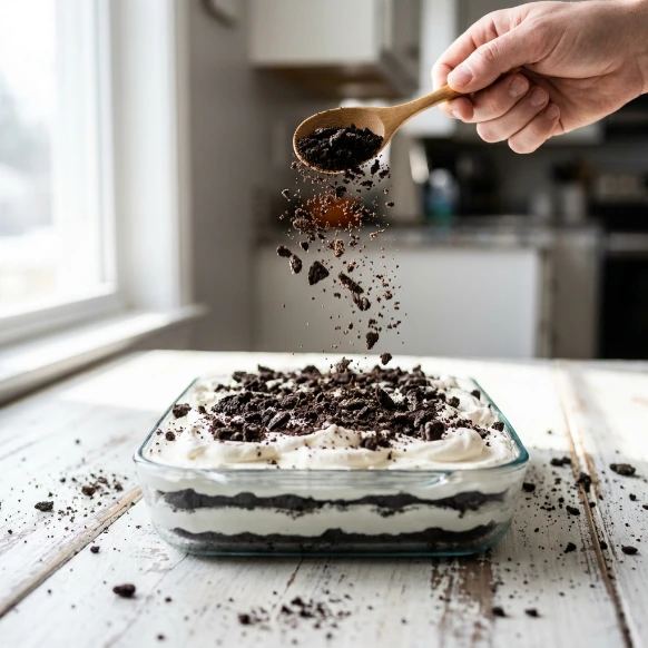 A wooden spoon sprinkling coarsely crushed Oreo cookie crumbs over the finished top layer of a creamy Oreo icebox cake in a glass dish, set on a rustic white wooden table in bright natural light.