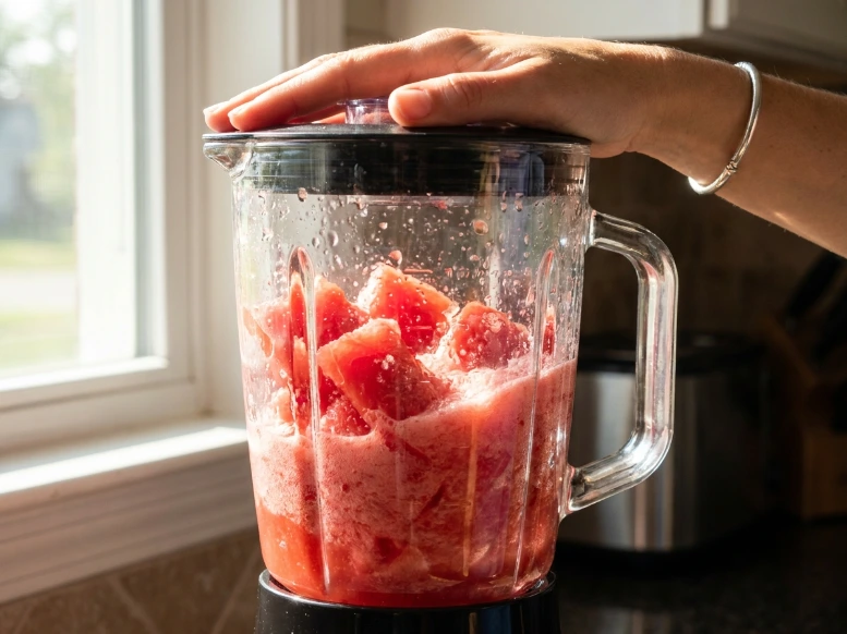 A candid, sunlit kitchen shot of a hand resting on a blender lid as it purees fresh chunks of red watermelon into a smooth, vibrant pink juice for homemade lemonade.