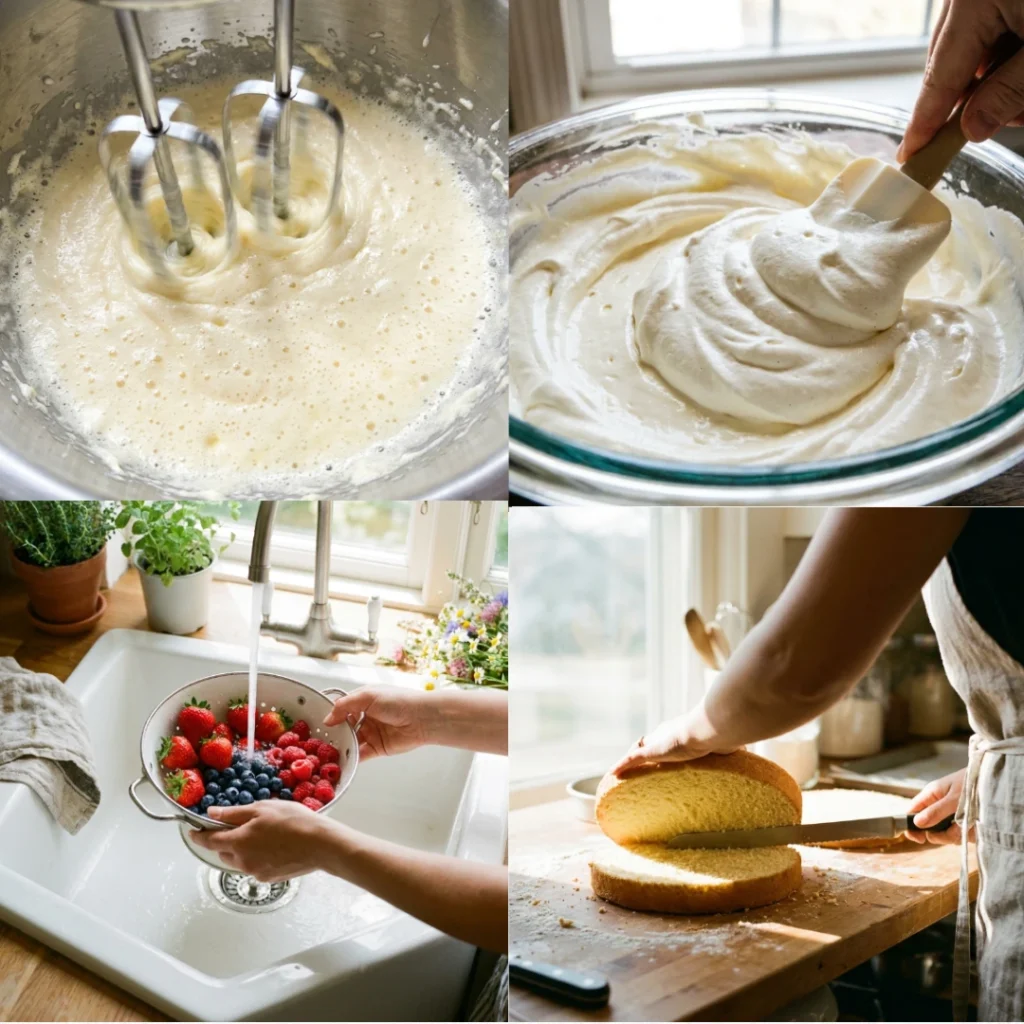 A four-part collage showing the step-by-step preparation for a homemade Chantilly cake, including mixing vanilla cake batter, whipping mascarpone frosting, washing fresh berries, and leveling baked cake layers.