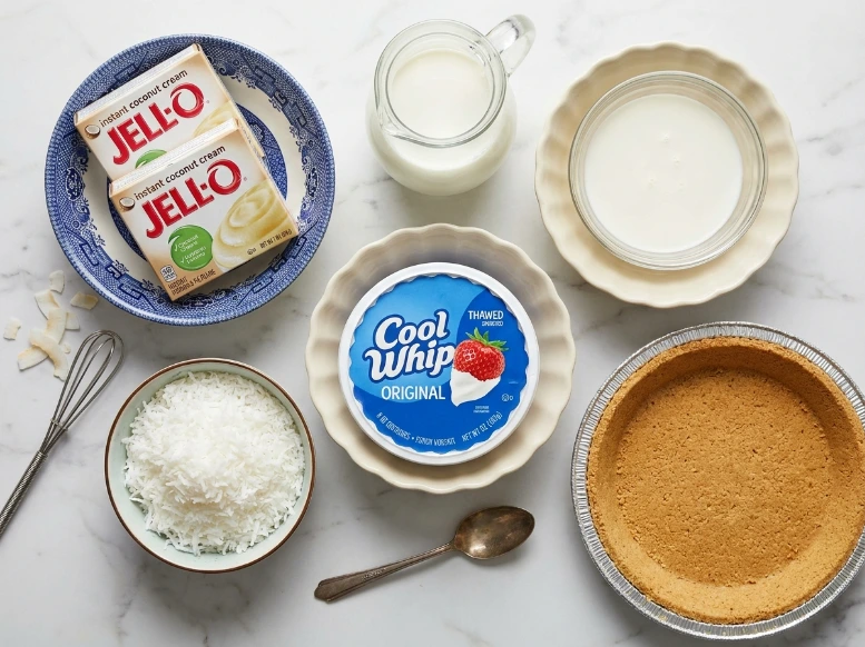 An overhead flat lay layout of ingredients for an easy coconut pie with pudding on a white counter, featuring instant coconut cream pudding mixes, whole milk, a tub of Cool Whip, a bowl of shredded coconut, a whisk, and a pre-made graham cracker crust.