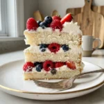 A tall, perfect slice of Berry Chantilly cake on a gold-rimmed white plate with a silver fork. The close-up shows three fluffy vanilla cake layers, thick mascarpone whipped cream frosting, and juicy fresh berries.