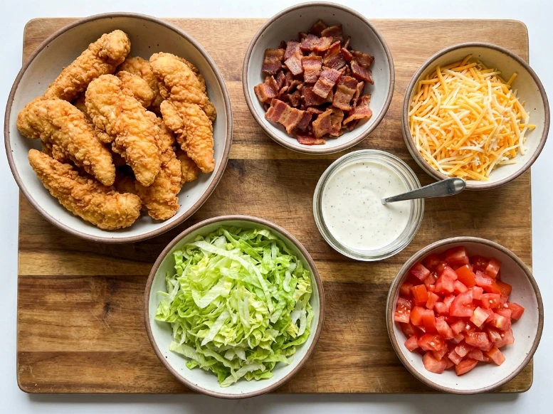 An overhead shot of ingredients for a crispy chicken bacon ranch wrap arranged in ceramic bowls on a wooden cutting board, featuring fried chicken tenders, chopped bacon, shredded cheese, ranch dressing, shredded lettuce, and diced tomatoes.
