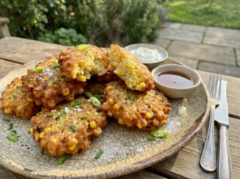 A pile of crispy corn fritters with steam rising next to small bowls of sour cream and syrup on an outdoor patio.