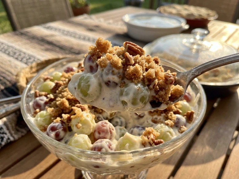 A vintage silver spoon lifting a generous scoop of creamy grape salad coated in a velvety cream cheese dressing and topped with brown sugar and toasted pecans.