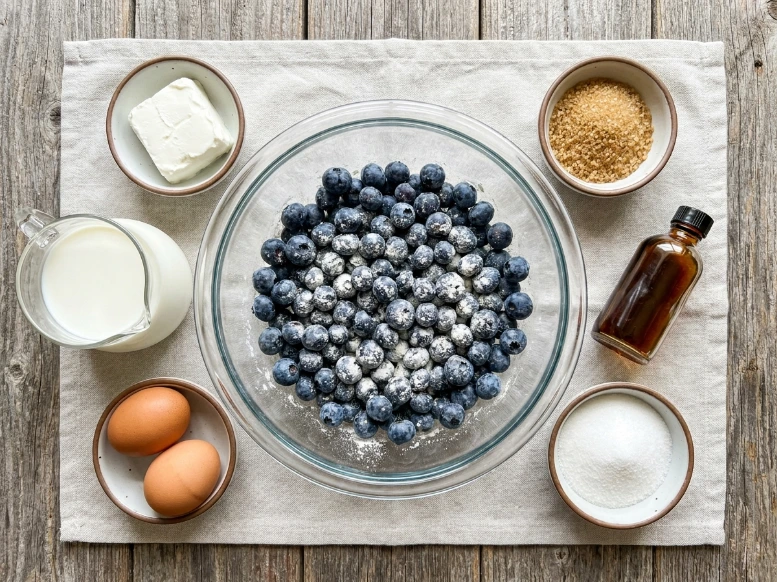 Overhead view of baking ingredients for jumbo blueberry muffins, including fresh flour-dusted blueberries, sugar, eggs, vanilla extract, and milk.