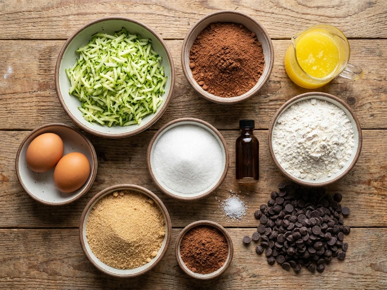 Overhead view of prepped baking ingredients for fudgy zucchini brownies, including shredded green squash, cocoa powder, melted butter, flour, chocolate chips, sugars, and eggs.