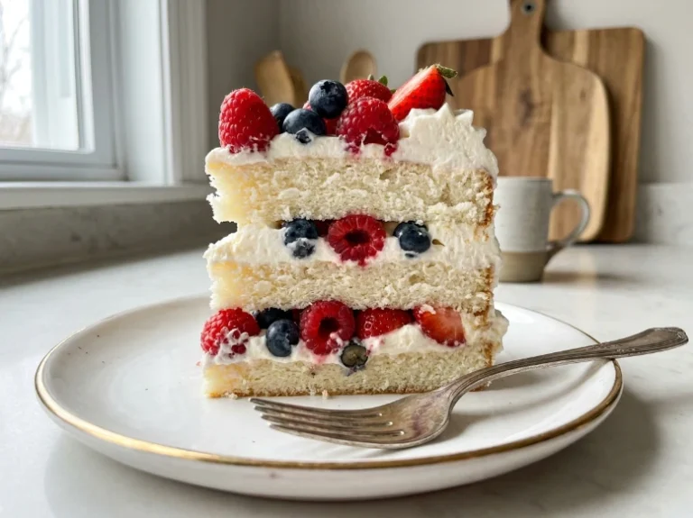 A tall, perfect slice of Berry Chantilly cake on a gold-rimmed white plate with a silver fork. The close-up shows three fluffy vanilla cake layers, thick mascarpone whipped cream frosting, and juicy fresh berries.