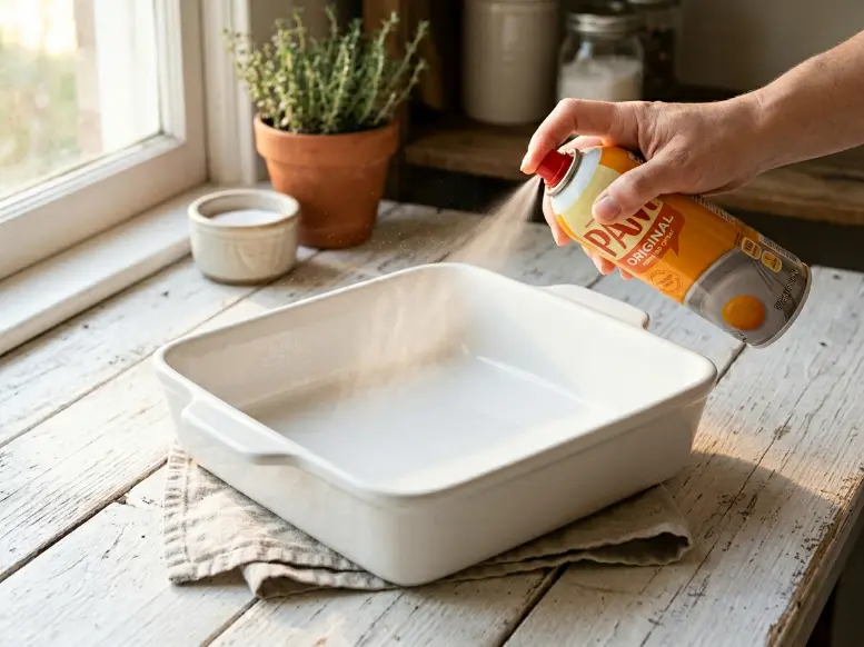 Greasing a square white ceramic baking dish with PAM original cooking spray on a rustic white wooden table.