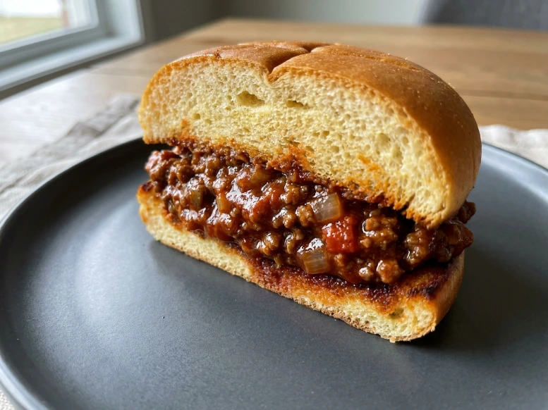 A side view of a sloppy joe sandwich cut cleanly in half on a grey ceramic plate, revealing the airy interior texture of the toasted bun and the thick, moist savory beef filling.