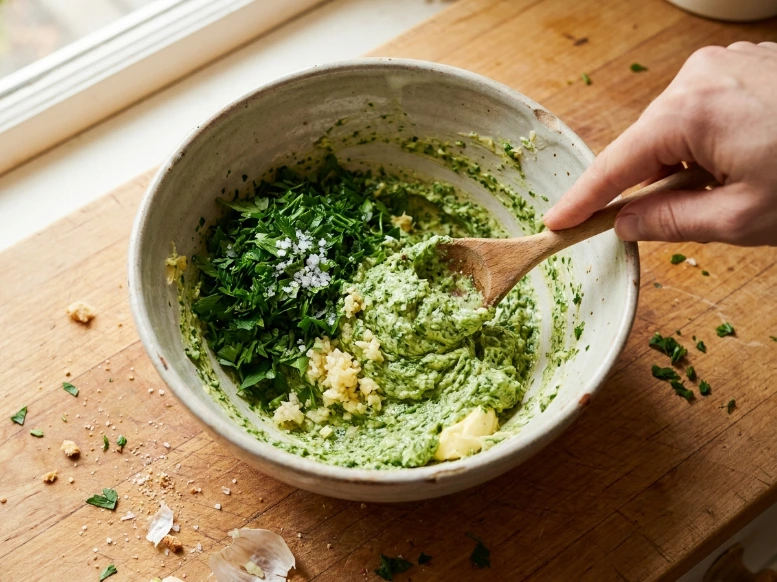 Mixing softened unsalted butter, minced garlic cloves, fresh chopped parsley, and sea salt in a ceramic bowl with a wooden spoon.