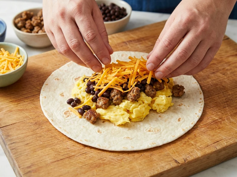 Layering fluffy scrambled eggs, cooked sausage, black beans, and shredded sharp cheddar cheese in the center of a large flour tortilla.