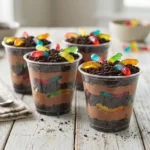 A group of four completed oreo dirt cake cups topped with crushed cookie crumbs and colorful gummy worms served on a white plank table.
