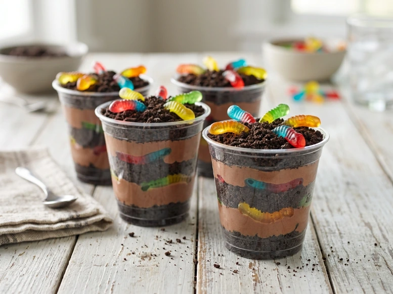 A group of four completed oreo dirt cake cups topped with crushed cookie crumbs and colorful gummy worms served on a white plank table.