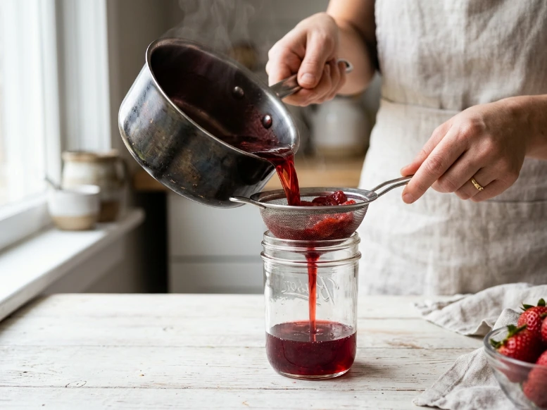 A close-up view of a person straining warm, rich red strawberry simple syrup through a fine-mesh silver strainer into a glass mason jar on a kitchen table.