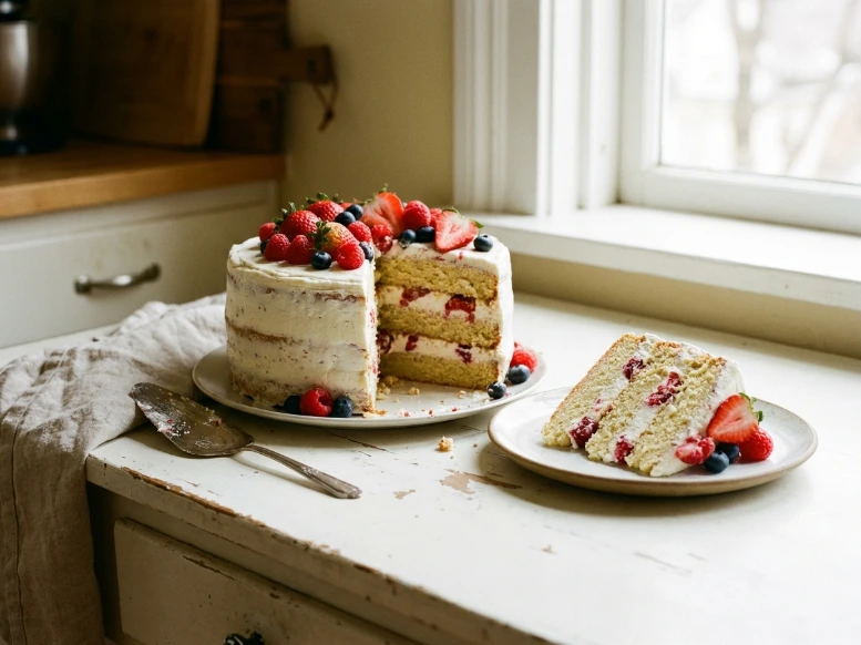 A sliced fresh berry vanilla cake sitting on a rustic white table next to a sunny window, revealing tender cake layers filled with rich mascarpone cream and fresh mixed berries.