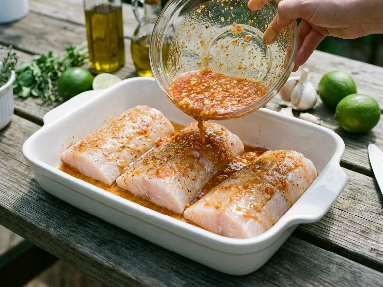 Pouring a zesty citrus marinade over fresh mahi mahi fish fillets in a white baking dish outdoors.