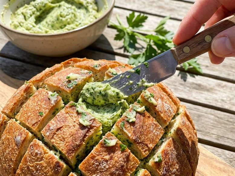 Spreading a thick green herb and garlic butter paste deep into the diamond cuts of a crusty bread loaf with a butter knife.