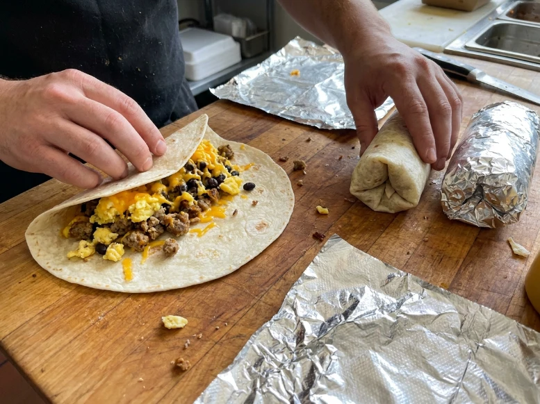 Rolling filled breakfast burritos tightly on a wooden table next to wrapped cylinders in protective aluminum foil sheets.