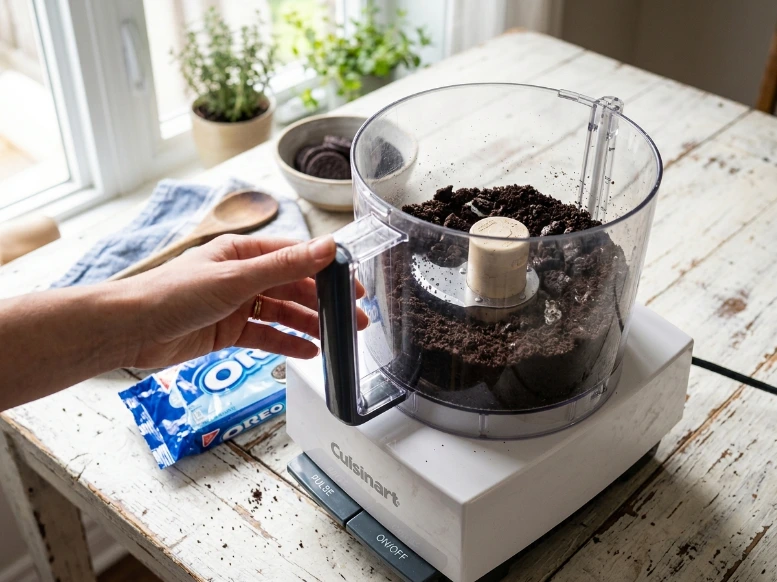 A person pulsing whole cookies in a white Cuisinart food processor to make fine crumbs for the no bake oreo dirt cups recipe.