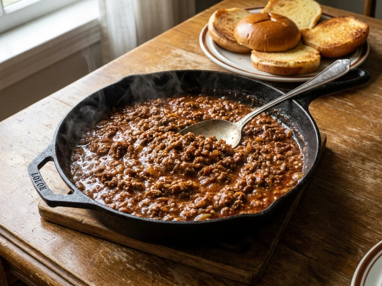 A large cast iron skillet filled with simmering, thick, and glossy ground beef sloppy joe mix resting on a wooden trivet next to toasted hamburger buns.