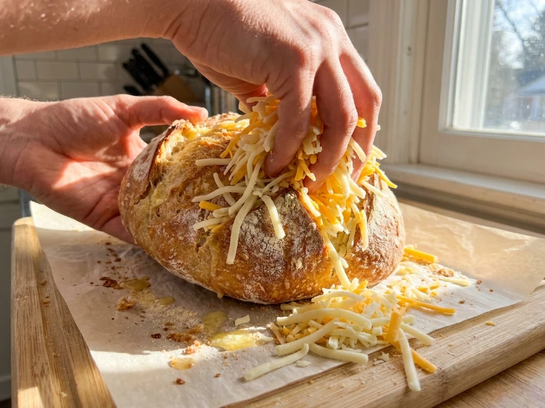 Hand stuffing a generous mix of shredded white mozzarella and yellow cheddar cheese deep into the crevices of a garlic-buttered loaf.