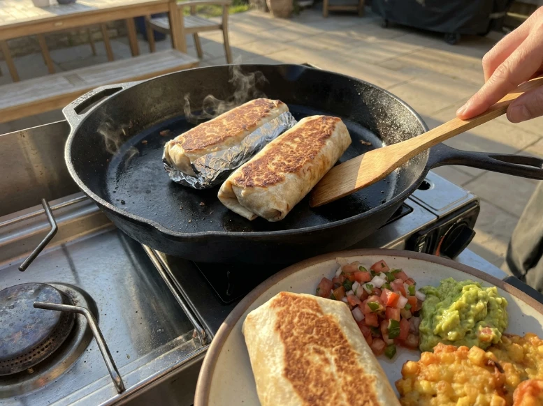 Searing wrapped and unwrapped meal prep breakfast burritos in a hot skillet on a patio table next to a plate with fresh guacamole and salsa.