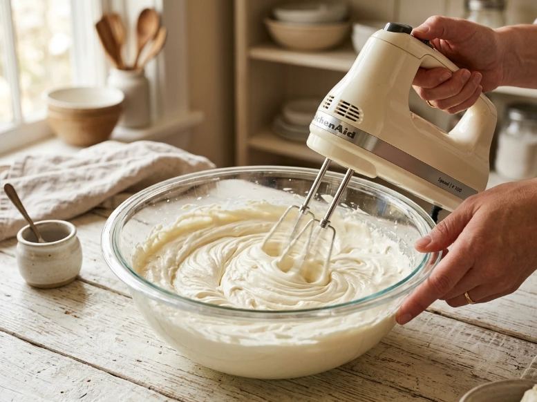 Using a cream KitchenAid hand mixer to blend the smooth and fluffy cream cheese layer for individual dirt cake cups.